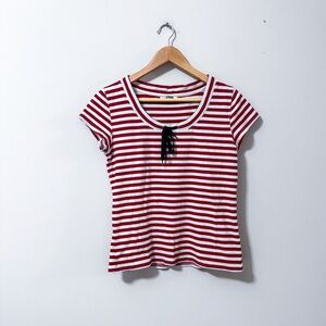 Vintage VTG Y2K Dress Darn Red Striped Scoop Neck Tie Front Short Sleeve Tee